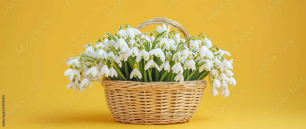 Basket of white flowers snowdrops on a yellow spring background