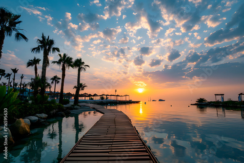 Perfect sea landscape, luxury resort with villas. Beautiful island beach, palm trees, sunny sky. © Ирина Старикова