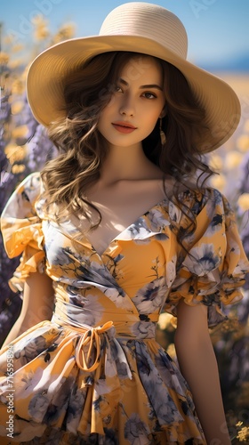 A cute Japanese girl wearing a flowy floral maxi dress and a straw hat, stands in front of a sunny yellow backdrop with blooming lavender fields