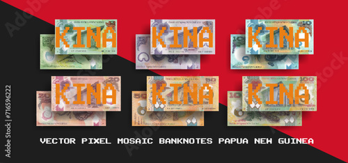 Vector set of pixel mosaic banknotes of Papua new Guinea. Collection of notes in denominations of 2, 5, 10, 20, 50 and 100 kina. Obverse and reverse. Play money or flyers.