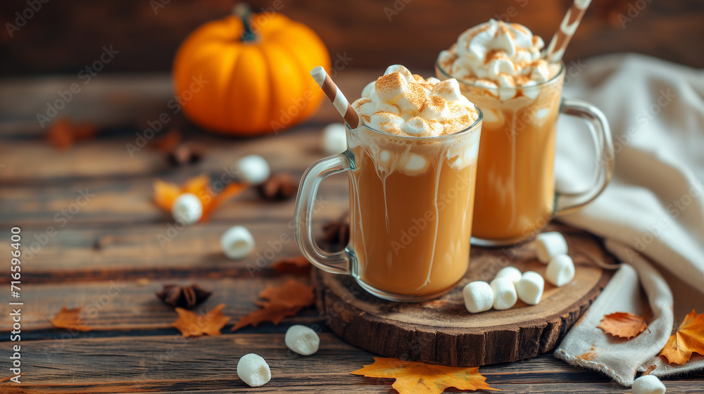 Spicy pumpkin latte with whipped cream. Autumn or winter hot coffee drink with cinnamon, nutmeg Spicy pumpkin latte with whipped cream. Autumn or winter hot coffee drink with cinnamon, nutmeg