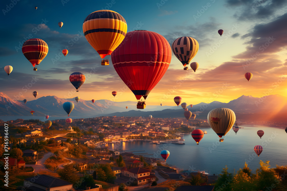 Fototapeta premium Colorful hot air balloons flying over landscape. Sky adventure travel.