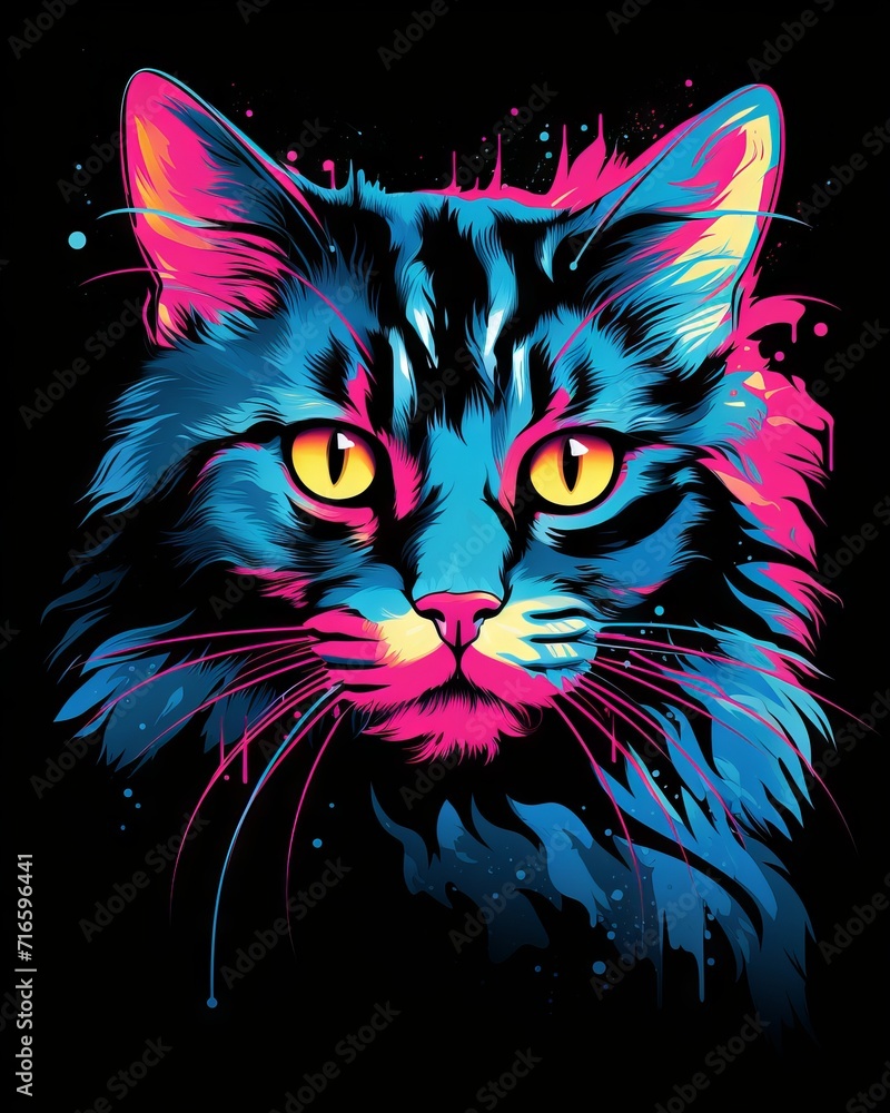 Retro style t-shirt design with 80s cut cat and neon lights