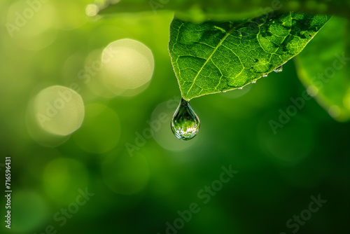 A water droplet about to fall from a green leaf. generative AI