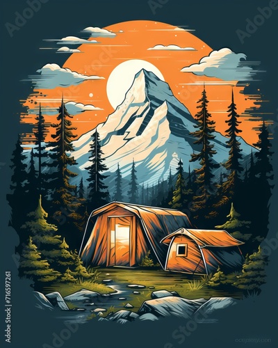 Camping and outdoor adventure t-shirt design bundle with vector illustrations of tents, mountains, and campfires