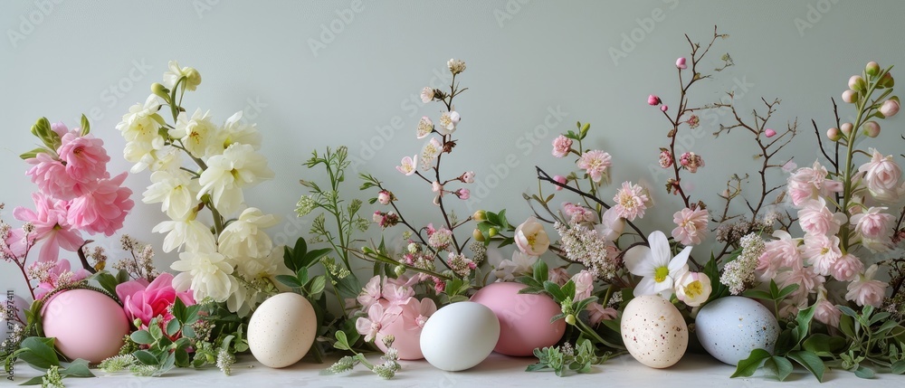 Easter composition with A festive Easter garland of painted eggs and delicate spring flowers. Easter card with copy space Easter composition with A festive Easter garland of painted eggs and delicate spring flowers. Easter card with copy space