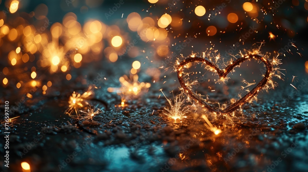 2024 happy new year wallpaper, heart shape with fireworks on the ground