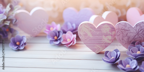  Stylized inscription I love you made of cherry flowers ,apple flowers on wooden background ,Paper cut pink and white hearts background
