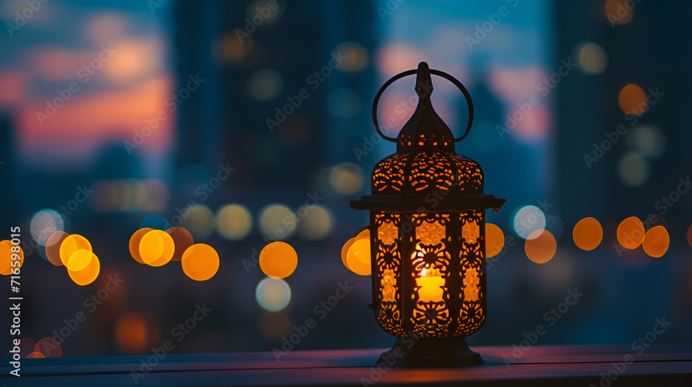 Classic Islamic lantern in night bokeh starry light background