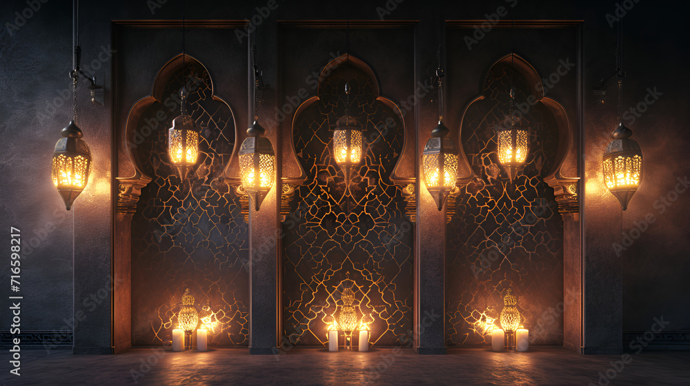 Islamic Lentern on dark, beutiful lighting 3d rendering illustration, eid mubarak background. - obrazy, fototapety, plakaty 