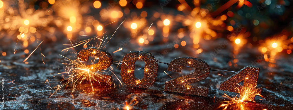 2024 bold electric fireworks font, happy new year wallpaper Stock Photo ...