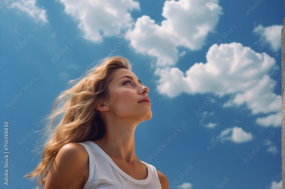 Attractive young woman looking up to the beautiful blue sky with feelings of hope and happiness. International Women's Day Concept Attractive young woman looking up to the beautiful blue sky with feelings of hope and happiness. International Women's Day Concept