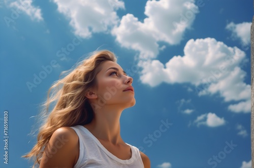 Attractive young woman looking up to the beautiful blue sky with feelings of hope and happiness. International Women's Day Concept