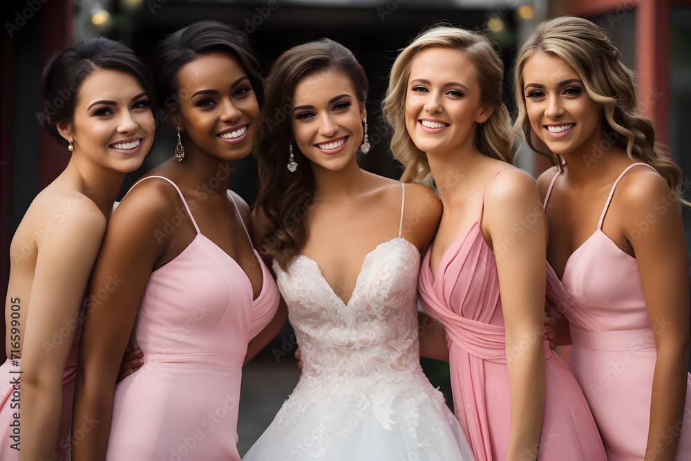 Bride with her bridesmaids dressed in pink Bride with her bridesmaids dressed in pink