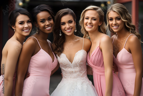 Bride with her bridesmaids dressed in pink photo