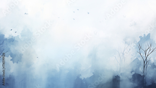 light white blue fog, a row of trees. watercolor abstract background late autumn, symbol landscape view cold light November, copy space blank blank