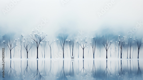 light white blue fog, a row of trees. watercolor abstract background late autumn, symbol landscape view cold light November, copy space blank blank
