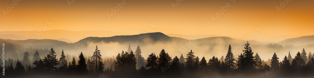 long panorama silhouettes of  the autumn fog at sunset, freedom and silence of nature wild forest in sunset colors