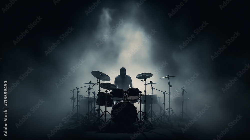 silhouette of a drummer behind a drum kit in a dark environment of stage lighting and fog - obrazy, fototapety, plakaty 