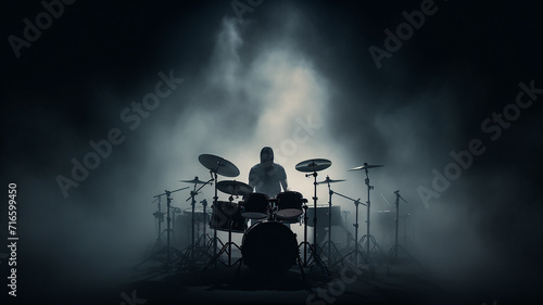 silhouette of a drummer behind a drum kit in a dark environment of stage lighting and fog photo