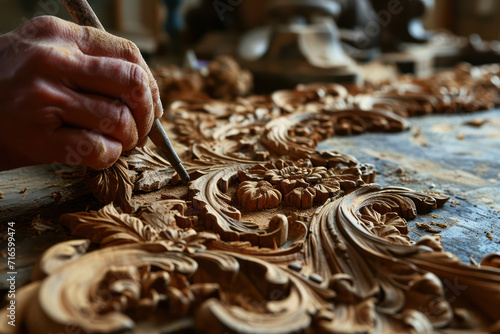 Craftsman's Hand Carving Wooden Sculpture: A Closeup of Tradition and Skill.