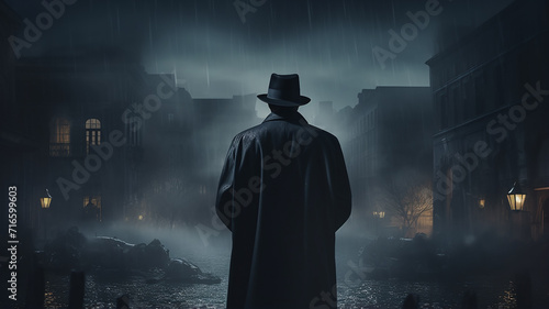 a man in the night fog view from the back autumn landscape with rain, black coat and hat silhouette of a mafia gloomy bandit