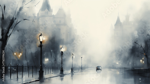 autumn watercolor light gray background, street lamp on a blurry background copy space blank greeting form