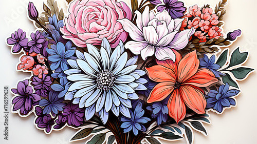 flat graphics sticker bouquet of multicolored flowers isolated cut out on the background