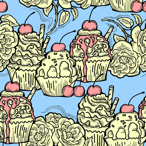 Tasty sweet cupcake dessert decorative seamless vector pattern for textile design  fabric print  digital or wrapping  wall paper  background and backdrop  bakery shop decoration  cafe  restaurant menu