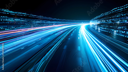 Abstract Road with Blue Light Trails Symbolizing High-Speed Data Transfer