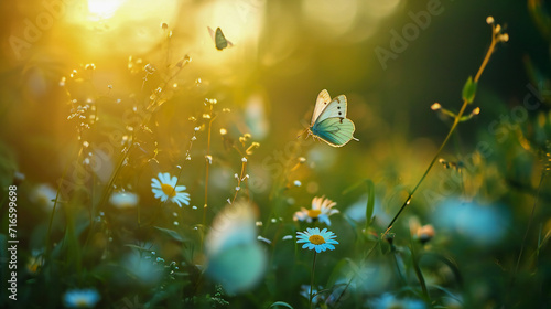 A tranquil scene with butterflies in a beautiful morning light