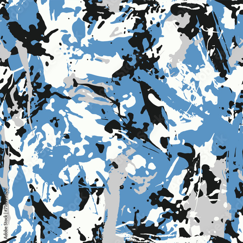 Grunge brush strokes camouflage, modern fashion design. Paint camo military pattern. Army uniform. Blue sea shade color, fashionable, fabric. Vector seamless texture