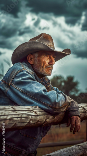 A cowboy with hat leaning on an old wooden fence