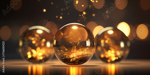 Gold Spheres Reflections Background ,Bubble Glass Glitter Christmas Background ,Magic ball near lights,