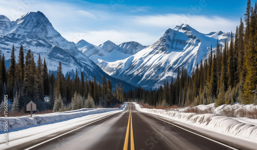 road leading to a snowy mountain - rocky landscape - winter promotion ad asset illustration