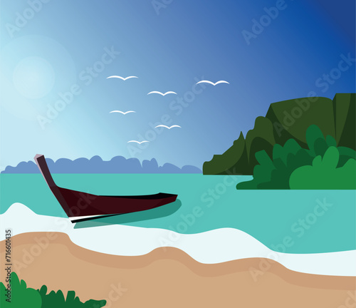 Vector image  a hot tropical island and a sandy beach. Birds in the sky. The mountains are covered with greenery.