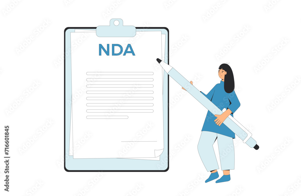 NDA concept. Non disclosure agreement. Contract between employee and employer about confidentiality. New colleague signing business confidentiality paper. NDA concept. Non disclosure agreement. Contract between employee and employer about confidentiality. New colleague signing business confidentiality paper.
