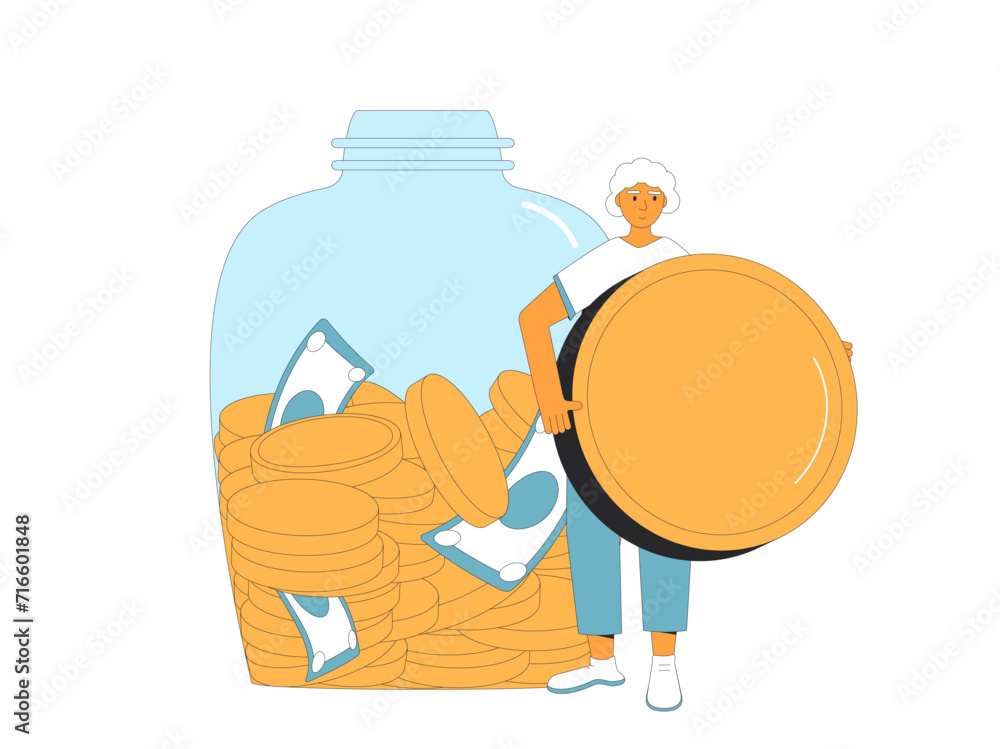 Elderly woman with money. Retirement savings. Finance for aged person. Pension plan. Vector flat illustration Elderly woman with money. Retirement savings. Finance for aged person. Pension plan. Vector flat illustration