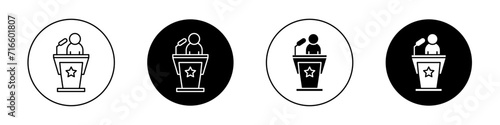 Public speaker icon set. Lecture oratory podium vector symbol in black filled and outlined style. Politician conference and debate seminar sign.