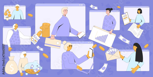 Financial literacy. Save money. People with . moneyboxes, capital elements and analysis symbol. Budgeting life. Vector illustration.
