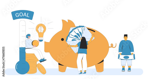 Fundraising concept. Founder pitching about business idea. People with thermometer and piggy bank.