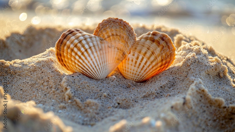 Two seashells washed ashore, nestled together in the sand to form a perfect heart shape Two seashells washed ashore, nestled together in the sand to form a perfect heart shape