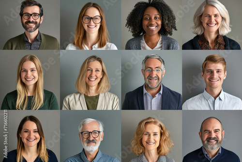 Many Headshots of a smiling men and women of all ages on a gray background looking at the camera photo