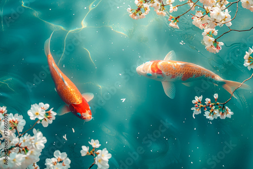 Fényképezés Koi fish swim artificial ponds with a beautiful background of blossoming sakura