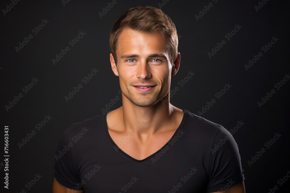 Portrait handsome tanned smiling young man with brown hair in black T-shirt on dark background