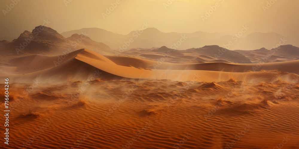 Naklejka premium Sandstorm in desert. wind and orange sand clouds. Dunes landscape. Generative AI