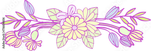 Composition of isolated cartoon  cute flowers  blades of grass  leaves and other graphic elements of bright colors with a lilac outline on a white background. Digital illustration is suitable for scra