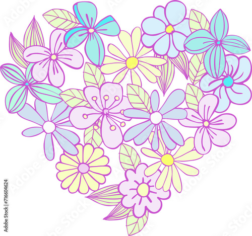 Composition of isolated cartoon  cute flowers  blades of grass  leaves and other graphic elements of bright colors with a lilac outline on a white background. Digital illustration is suitable for scra