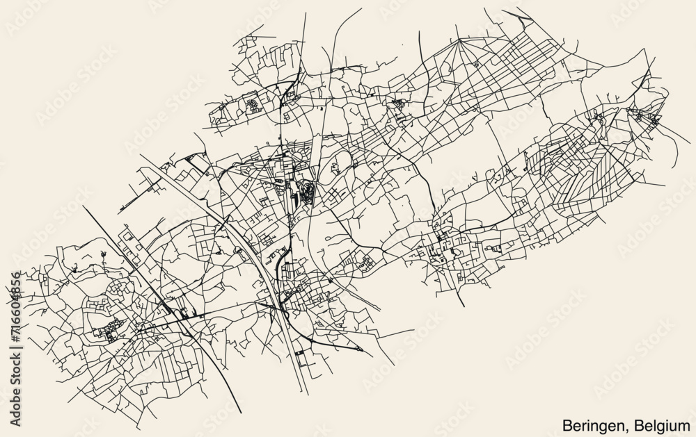 Detailed hand-drawn navigational urban street roads map of the Belgian municipality of BERINGEN, BELGIUM with solid road lines and name tag on vintage background