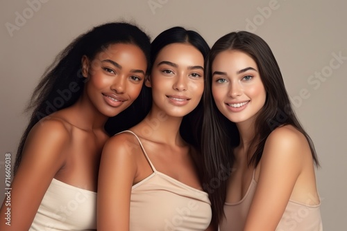 Beautiful girls models of different races and appearances in beige clothes on gray beige background. Cute multicultural models with different skin colors. Natural beauty, friendship of peoples